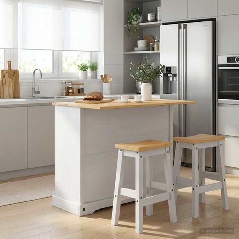 Meuble de rangement cuisine 2 pièces en pin massif blanc et cire de miel avec tabouret - PANGIVO (1/5)