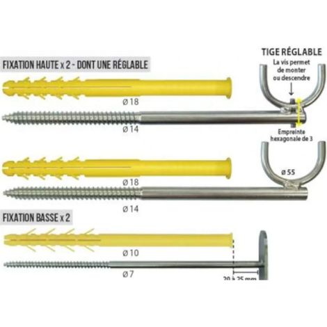 Kit de fixation radiateur en fonte pour mur ancien ou avec doublage, 2 fixations hautes 18x200 et 2 fixations basses 10x200