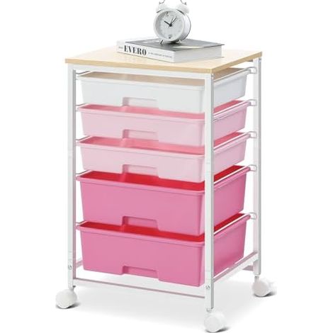 Chariot de salle de bain avec 5 tiroirs, chariot de cuisine avec roulettes avec plateau de table en bois, pour cuisine, salon, chambre à coucher, bureau,Rose (1/5)