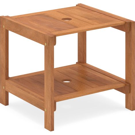 Table basse de jardin 2 niveaux en bois massif avec trou pour parasol, dessus à lattes, dimensions 51 x 48 x 45 cm, table d’appoint pour terrasse et balcon (1/5)