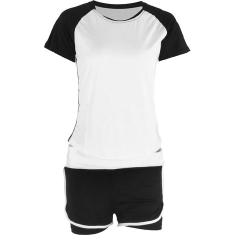 Lässiges zweiteiliges Sommer-Set für Damen mit kurzen Ärmeln, ideal für Sport und Fitness. Weiße und schwarze Kurzarm-Shorts + schwarze und weiße High-Waist-Shorts, Größe XXL. (1/5)