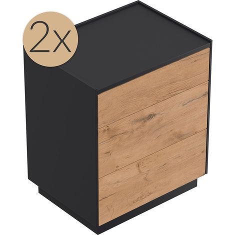 2er Set Nachttisch Kommode Lux L 60cm, 3 Pushauszüge Oak (1/5)