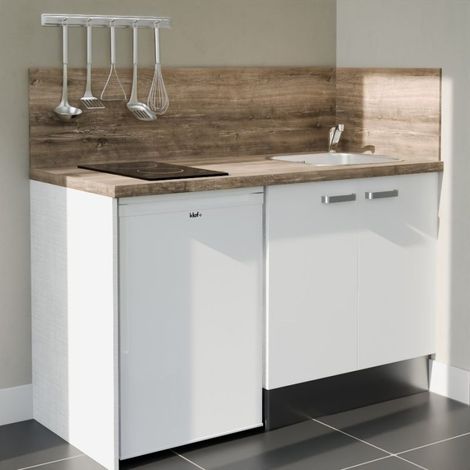 Kitchenette K17L-PT - 140 cm avec plan de travail et évier - Façade Blanc - Plan Bois - Evier Inox - Crédences Oui