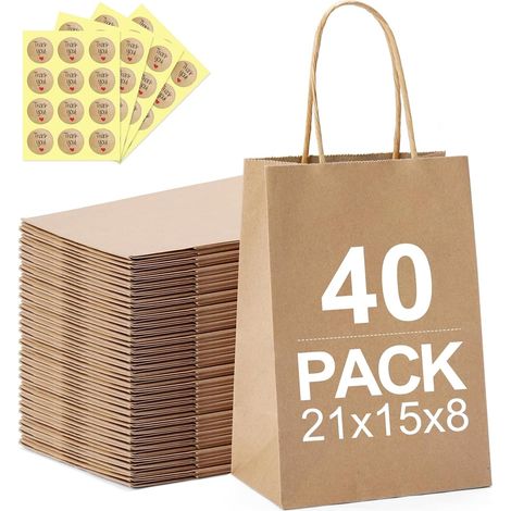 Sachet Kraft, 40 Sacs Cadeaux avec Poignée pour Noël, Mariage, Anniversaire, Fête - Papier pour la Nourriture, la Pâtisserie, le Shopping (21x15x8cm) (1/5)