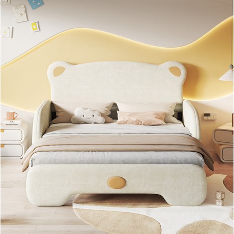 Lit rembourré forme ours avec lit gigogne 140x200 cm, velours beige, lattes en bois, bords de protection souples (1/5)