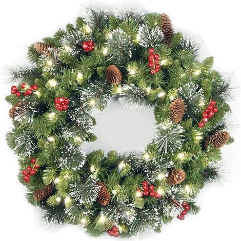 Couronne de Noel Artificielle 45cm avec lumiere LED Base de epinette Decoree de Pommes de Pin Grappes de Baies Branches Givrees (1/4)