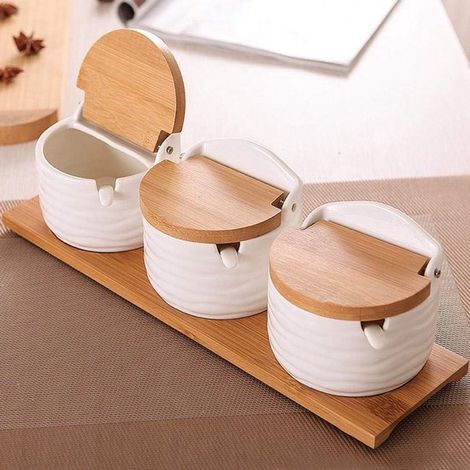Juego de especias de cerámica con tapas de bambú y cucharas para azúcar: organiza tu cocina. (1/5)