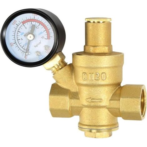 Réducteur de pression d'eau DN20 3/4" avec manomètre, 100 % laiton haute dureté, réducteur de pression d'eau, limiteur de pression, régulateur de pression d'eau pour l'irrigation (1/5)