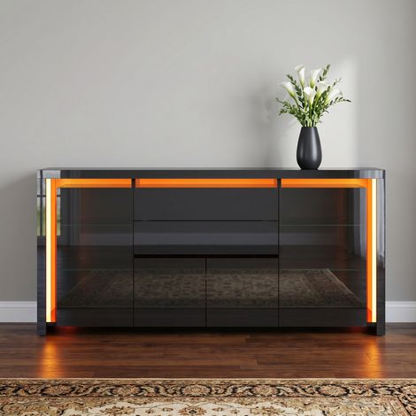 Buffet avec éclairage LED, 4 Portes 2 Tiroirs de rangement, façade laquée haute brillance, Meuble TV Moderne pour Salon, Cuisine et Entrée, Noir,160x35x75cm