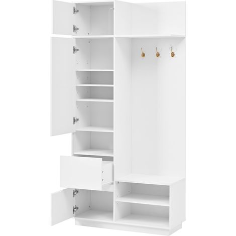 Guardaroba compatto con specchio e panca, mobile ingresso con scarpiera e ganci, MDF bianco MODENUIT (1/5)