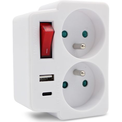 Multiprise Murale FISHTEC avec 2 Prises Secteur + 1 Port USB (1/5)
