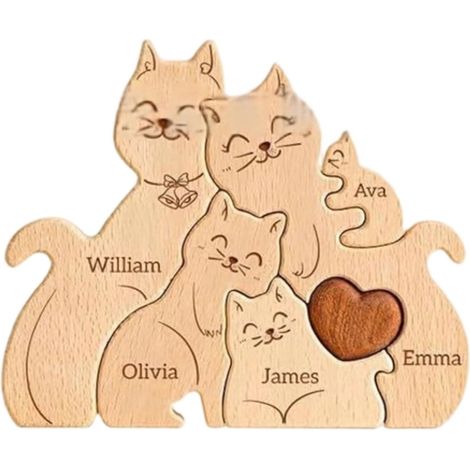 Puzzle En Bois - Sculpture Familiale Chat - Décoration Intérieure Pour Étagère Ou Table - Lot De 1 Pièce (1/4)