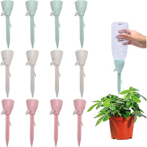 Packung mit 12 Pflanzenbewässerungsgeräten, automatische Bewässerungsspitzen mit Ventilschalter (4 rosa + 4 grün + 4 beige)