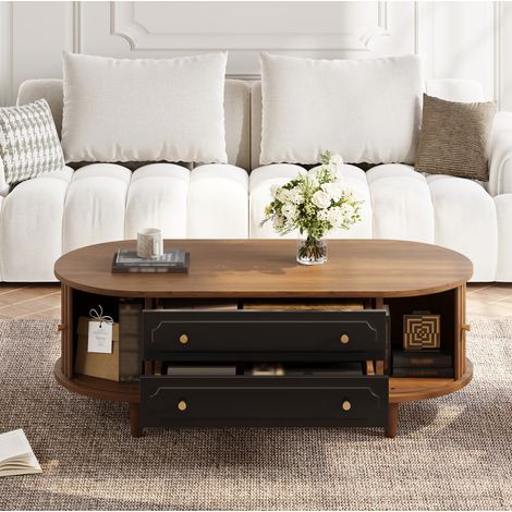 Mesa de centro 100x50x36 cm nogal y negro en tablero de partículas con 2 cajones y puertas enrollables (1/5)