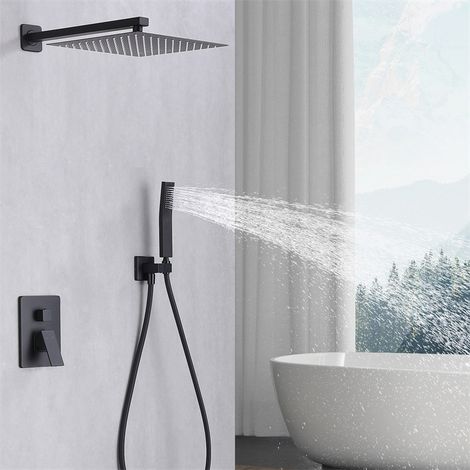 Unterputz Duschsystem Schwarz Duschset Regendusche Duscharmatur aus Messing 12 Zoll Kopfbrause Dusche mit Handbrause Schwarz