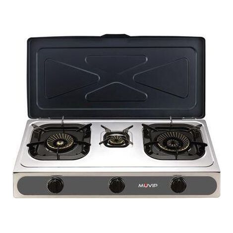 El producto es una parrilla de acero inoxidable con encendido piezoeléctrico. Cuenta con un quemador de hierro fundido de alta calidad y quemadores de