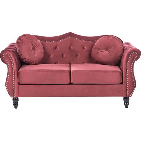 Sofa Dark Red Velvet 2 Seater Nailhead Trim Button Tufted Throw Pillows Rolled Arms Glam SKIEN II (1/5)