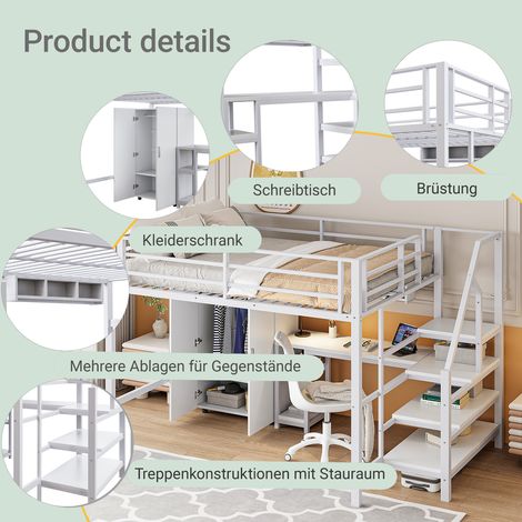 Lit mûrble,140200cm,armoire,étagères,échelle de rangement,bureau,sans matelas,blanc
