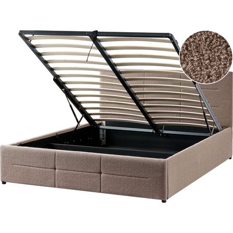 Ottoman Bed Taupe Boucle EU Double Size 4ft6 Lift-Up Storage Headboard Slatted Base Modern Design MASSOGNES