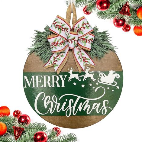 Décoration de porte de Noël en bois (motif renne) avec nœud et plante artificielle (1/5)