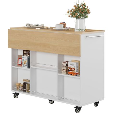 Îlot de cuisine, chariot de cuisine avec plateau rabattable, îlot de cuisine sur roulettes 120 cm, chariot de service roulant avec tiroir et armoire, blanc chêne, 92,9x120x43,5 cm