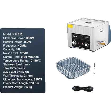 Nettoyeur Ultrasonique, Température Réglable, Action de Nettoyage Puissante, 15L (1/2)