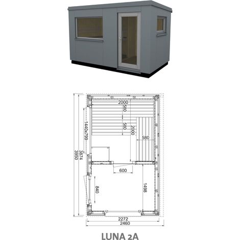 Infraworld Luna 2 Außensauna mit HPL-Platten Anthrazit versch. Fenstergrößen und Inneneinrichtung Luna 2A - Großes Fenster (BxH): 1440 x 799 mm (1/5)