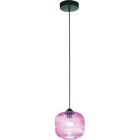 Sospensione Ovale Alta Moderna Plisse Rosa 1 Luce E27 In Vetro Rigato