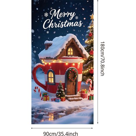 Décoration de porte de Noël neuve, motif cadeau du Père Noël, ambiance festive - 90 x 180 cm (perforée + ruban) - 16