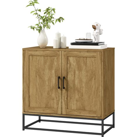 Buffet meuble de rangement 2 portes avec étagère intérieur réglable en hauteur 80l x 40P x 78H cm, bois naturel