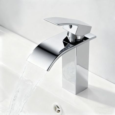 Mitigeur Lavabo Cascade avec Bec Hauteur 10cm, Robinet Lavabo Salle de Bain Moderne, Mitigeur Monocommande Lavabo Eau Chaude et Froide Disponible (sans Bonde, sans Tirette de Vidage) Chromé (1/5)