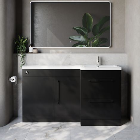 Napoli 390 Matt Black 1500mm 2 Drawer Vanity Unit Toilet Suite with Right Hand Square Lucia Basin - 1500mm - Chrome 320mm HandleWithout Kingston Toilet Pan