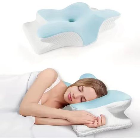 Oreiller orthopédique en mousse à mémoire de forme – Oreiller cervical papillon bleu clair confortable – Soulagement cervical et récupération lente – Idéal pour un sommeil profond et réparateur-AquaFo (1/5)