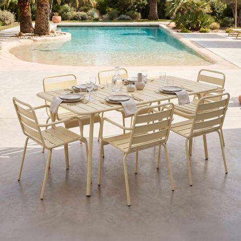 Ensemble table de jardin + 6 fauteuils en métal crème - BACA (1/5)