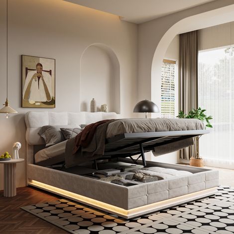 Lit double 140x200cm – Lit coffre - Sommier à lattes – Tête de lit rembourrée – Velours Beige (1/5)