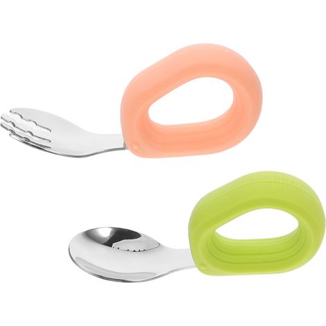 Juego de tenedor y cuchara para niños y niñas, fabricado en acero inoxidable con mango de silicona suave vajilla de diseño flexible para niños y niñas.
