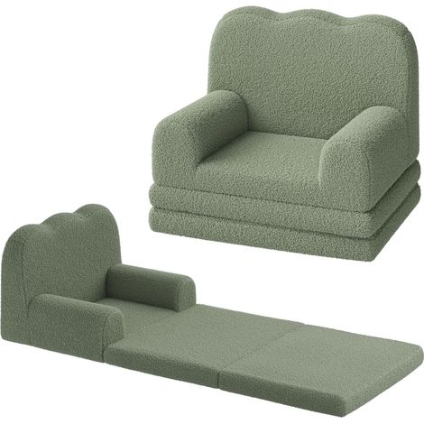 Canapé du vague 2-en-1 évolutif pour enfant, Fauteuil et méridien dépliable, Tissu polaire ultra-doux mousse, Vert (1/5)