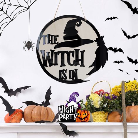 Lot de 6 panneaux décoratifs en bois sorcière Halloween, miroir mural 30 cm, suspension festive. (1/4)