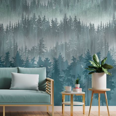 Fototapete Profhome 391813 heißgeprägte Vliestapete glatt mit Waldmotiv matt blau pastell-türkis petrol grau-blau 1,59 m x 2,8 m