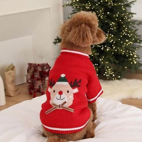Pull de Noël pour chien, chaud, doux et élégant, vêtements pour chiot, Bichon de Poméranie, automne et hiver, élan rouge M (1/5)