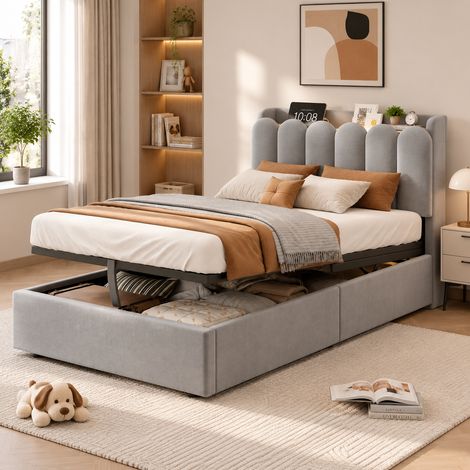 MODFU – Lit enfant 90x200 cm velours – Rangement hydraulique, USB/Type-C et liseuse – Tête de lit rangements et charge 136 kg – Chambre – Gris (1/5)