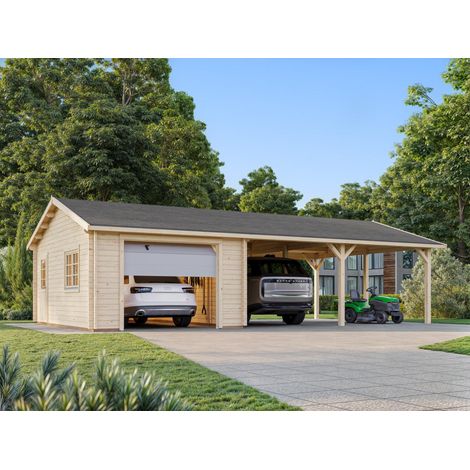 Garage en bois 19,0 + 33,2 m² – Porte sectionnelle – Madriers en épicéa massif 44mm – Accès fluide pour plusieurs véhicules – Palmako (1/5)