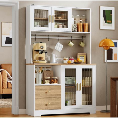 Armario de cocina alto con vitrina LED RGB, 4 puertas de vidrio templado, enchufes USB y encimera reforzada, blanco y madera clara para café y vino  CHICFURN (1/5)
