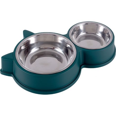 Gamelle double en acier inoxydable pour chiens et chats, conçue avec des oreilles de chat et un système anti-déversement. (1/4)