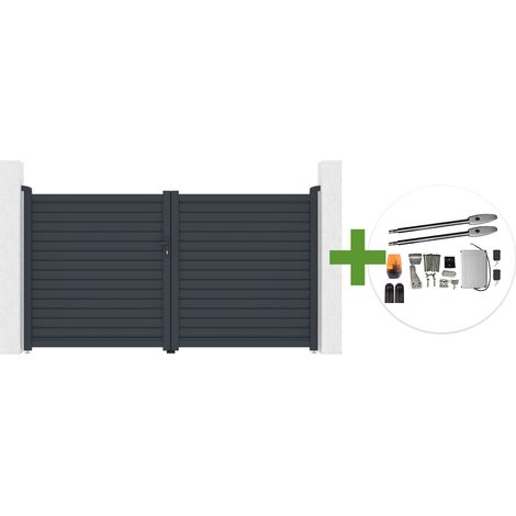 Portail battant 3m CALANCIA H.160cm lames persiennes aluminium gris + moteur TANKER B250