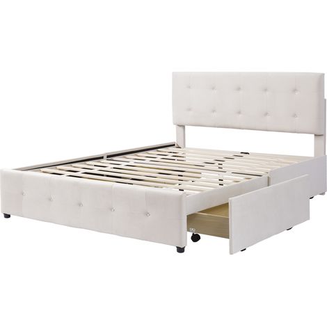 Cama doble tapizada 140 x 200 cm con 4 cajones, somier de láminas y respaldo, beige (1/5)