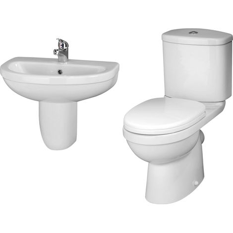 Balterley Churnet Bathroom Suite: Close-Coupled Toilet w/ Dual-Flush Cistern, Soft-Close Seat & 550mm 1 Tap Hole Basin, Semi Pedestal