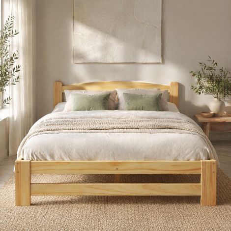 Letto matrimoniale in legno massello di pino naturale 140x200 cm con testiera e rete a doghe (1/5)