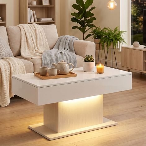 Mesa de centro LED Kérian com arrumação acabamento alto brilho moderno, 2 gavetas e comando à distância integrado, cor branca elegante, mesa sala estar design contemporâneo sala quarto (1/5)
