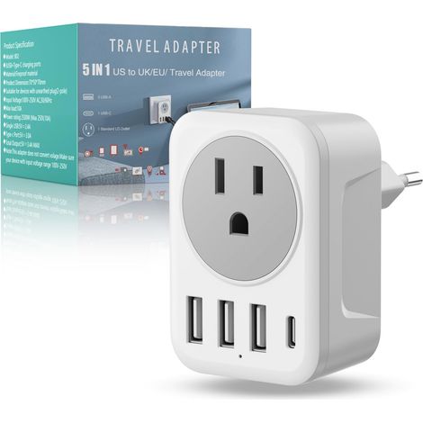 Reiseadapter für Europa, internationaler Reiseadapter mit Schnellladefunktion, 4 USB-Anschlüssen, 5-in-1-Netzadapter Typ-C (1/5)